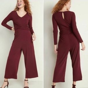 Old Navy Burgandy Twist Front Jersey Knit V-Neck Wide Leg Jumpsuit XS